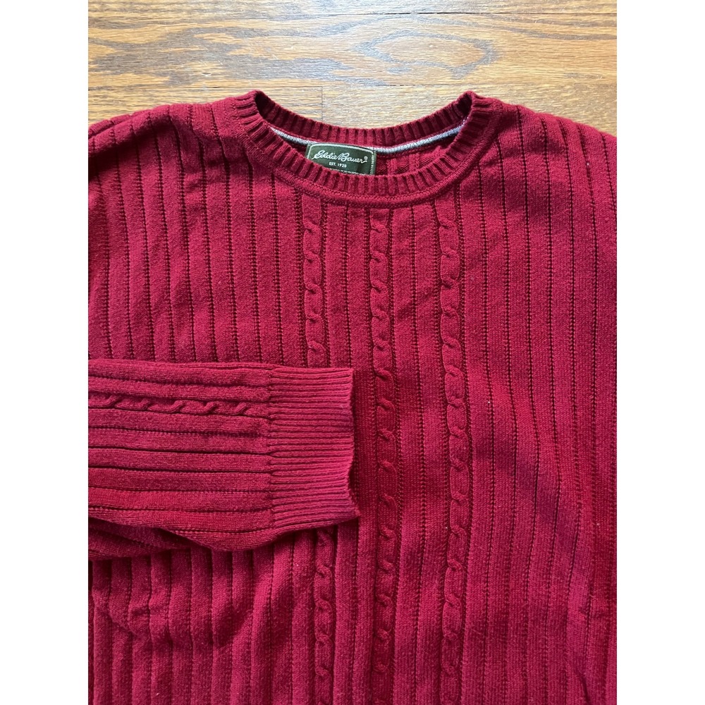 Eddie Bauer Mens Large Red Cotton Cashmere Cable Knit Sweater 2621